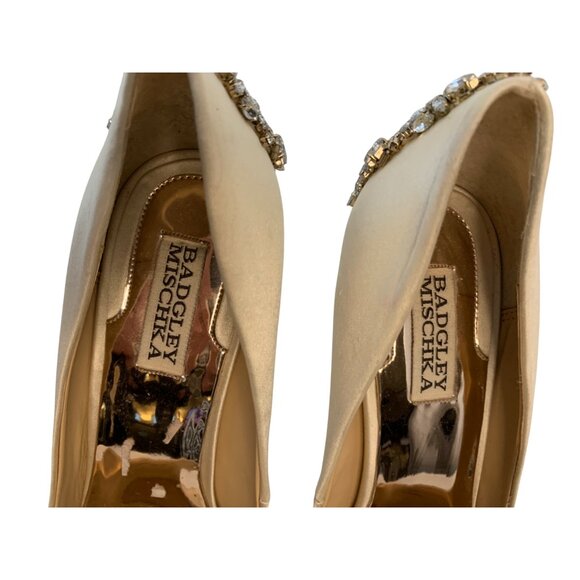 Badgley Mischka Embellished Peep-Toe Stiletto Heels Size 9.5M Satin & Leather - Picture 11 of 13